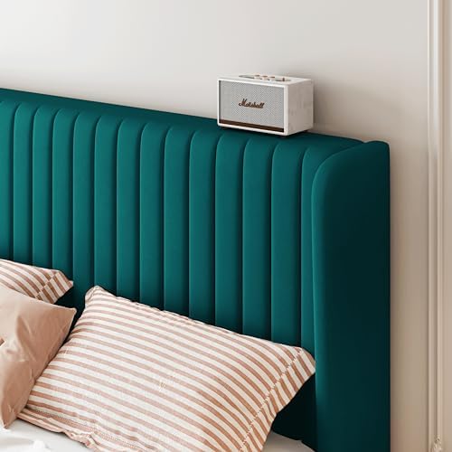 SHA CERLIN King Size Velvet Bed Frame, Tufted Wingback Headboard, Teal