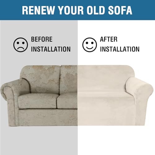H.VERSAILTEX Stretch Velvet Sofa Covers for 3 Cushion Couch Covers Sofa Slipcovers Furniture Protector Soft with Non Slip Elastic Bottom, Crafted from Thick Comfy Rich Velour (Sofa 72"-90", Ivory)