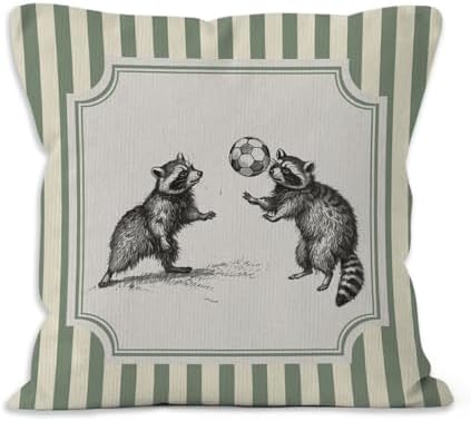 Funny Soccer Raccoon Sports Throw Pillow Cover 18x18, Sage Green Striped Raccoon Decorative Pillow Covers for Kids Boys Room Bedroom Playroom, Sports Nursery Decor Accent Pillows Cover Pillowcases