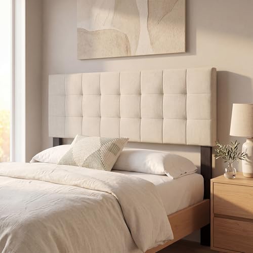 GIANTEX Linen Upholstered Headboard, Queen/Full Size Grid Quilted Linen Fabric Head Board with Wood Support Legs, Attach Frame, Width Adjustable Modern Bed Headboard Only (Beige)