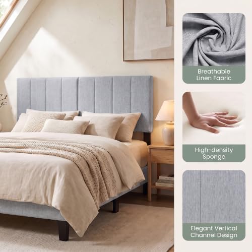 KOMFOTT Linen Upholstered Headboard for Full & Queen Size Bed, Vertical Channel Tufted Rectangular Headboard with Solid Wood Legs & Adjustable Width, Padded Bed Backboard, Easy Assembly (Gray)