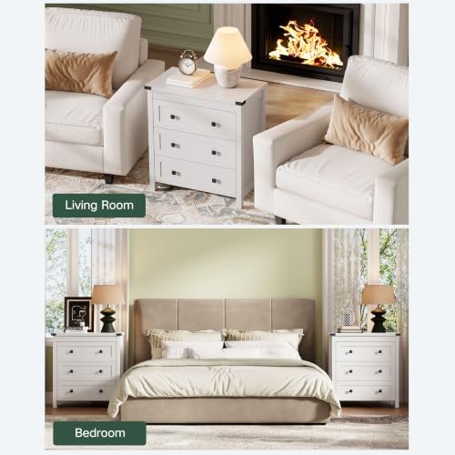 Farmhouse Nightstands Set of 2, Bedside Table with Drawers, White