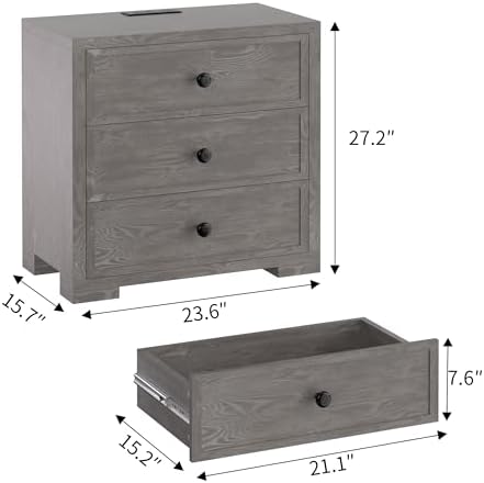 COWMOU Nightstand with Drawers 3 Drawer Night Stand with Charging Station Farmhouse Style Large Bed Side Table Wooden Dresser for Bedroom Living Room (1, Grey Grain)