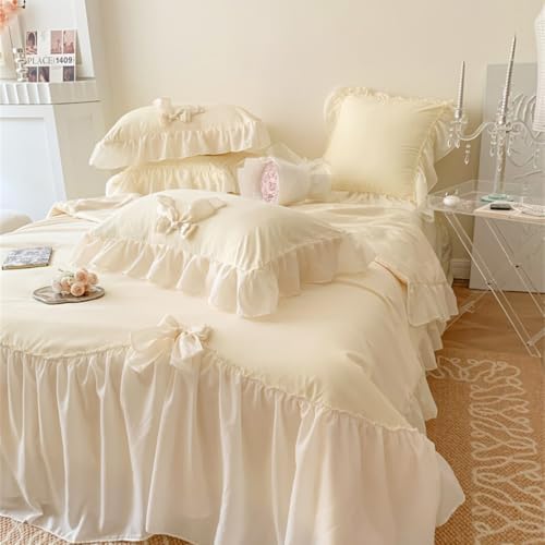 IHOUSTRIY Duvet Cover Full Size, Ruffle Beddding Set with Bowtie, 3 Pieces Comforter Cover Set with Zipper Closure, Girl Princess Bedding with Pillowcase - Cream Yellow, Full