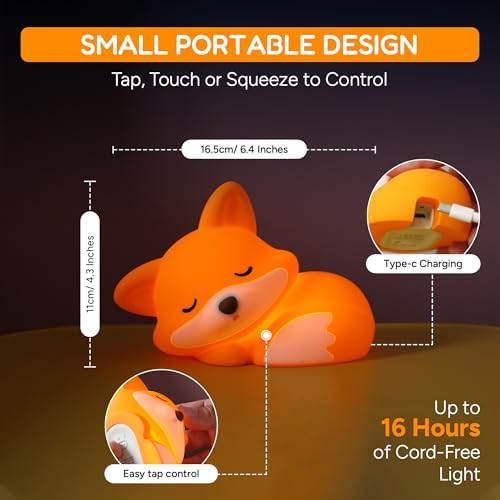Fox Night Light for Kids Ages 3+, Squishy Silicone Fox Lamp with 20-Minute Timer, Rechargeable Animal Nightlight with 2 Brightness Levels
