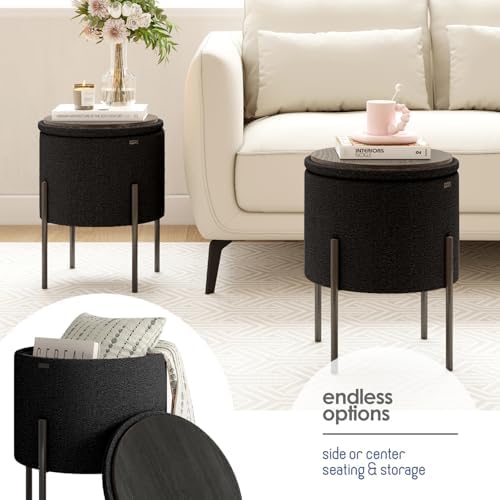 Round Ottoman with Storage, Boucle Storage Foot Stool, Makeup Vanity Stool, Small Ottoman Foot Rest, Modern Ottomans for Living Room and Bedroom, Black