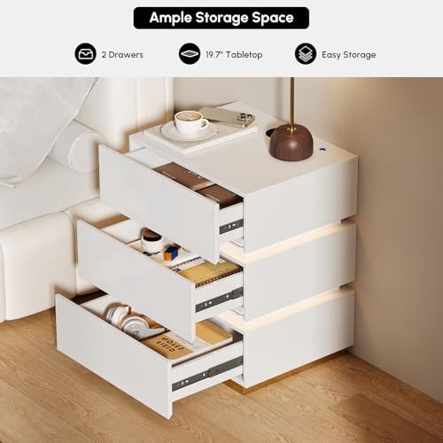 homary LED Smart Nightstand Set of 2 with Wireless Charging, USB & Type-C Ports – Modern White Bedside Table with Storage and Adjustable Light, Bedroom Night Stand with 3-Drawer