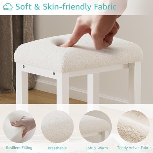 Small Faux Teddy Fur Vanity Stool, Cute Vanity Stools with Cushion, White Makeup Vanity Chair for Small Spaces, Living Room, Bedroom, Bathroom, Entryway, Ottoman Foot Rest for Couch Sillas Modern