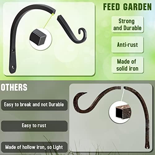 FEED GARDEN Heavy Duty Plant Hooks - 2 Pack 8 Inch Wall Mounted Hanging Brackets, 44lb Capacity Steel Plant Hangers for Bird Feeders, Baskets, Wind Chimes Outdoor Indoor- Black
