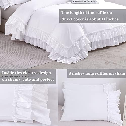 Ruffle White Duvet Cover Queen Size -Washed Cotton Shabby Farmhouse Ruffled Bedding Comforter Cover 3 pcs Aesthetic French Country Queen Duvet Cover Cotton Extra Soft and Breathable