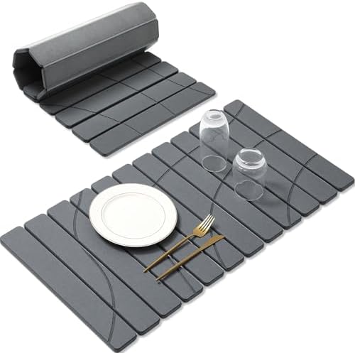 Extra Large Stone Dish Drying Mat for Kitchen Counter, Quick Dry Stone Dish Mats, Foldable Water Absorbing Diatomaceous Drying Pad for Countertop Bottles Utensils Bathroom (Flow Line Gray 32"x16")
