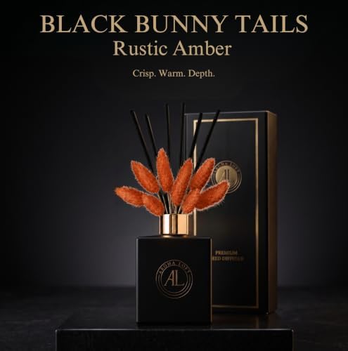 Black Reed Diffuser Sticks in Oil Set with Rustic Amber Scent | Long-Lasting Reed Diffusers for Home, Office & Bedroom Decor Fragrance Diffuser | BunnyTail Orange Dried Flowers | (5 oz)