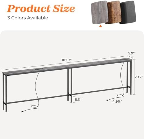SUPERJARE 102 Inch Sofa Table with 2 Power Outlets and USB-C Ports, 5.9 Inch Narrow Console Table with Storage, Extra-Long, for Entryway Hallway Couch Behind Sofa, Small Spaces, Living Room,Grey