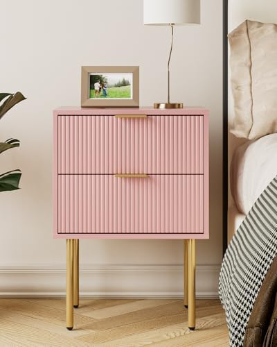 Aienvey Nightstand with 2 Drawers, Pink Stripe Night Stand and Gold Frame