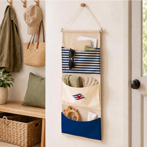3-Pocket Hanging Wall Organizer, Navy Stripe Design for Boys' Bedroom