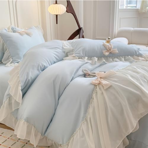 SOUKECHY Chic Lace Bedding,Girls Twin Aesthetic Comforter Cover Set,Romantic French Princess Style Ruffled Duvet Cover with Lovely Bow with Zipper Closure-Blue,Twin
