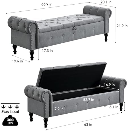 Storage Bench 67" Linen End of Bed Benches Grey