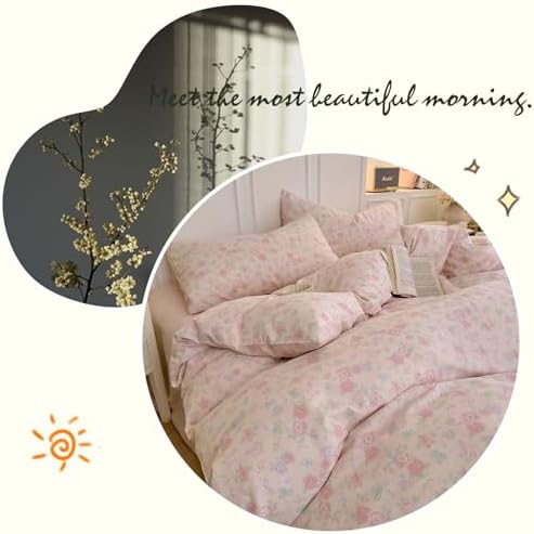 HighBuy Cotton Muslin Duvet Cover Twin XL Size for Teen Girls,Cottagecore Pink Floral Print Bedding Set 3 Pieces,Soft Breathable Princess Gauze Cotton Comforter Cover for Girls Kids Toddlers