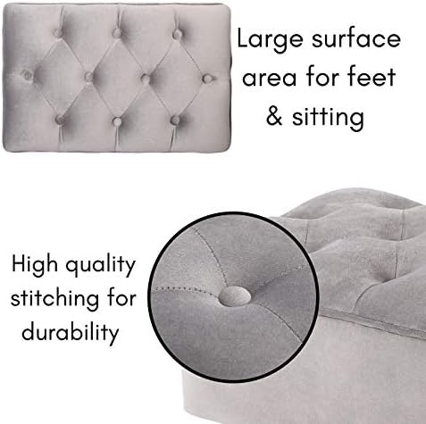 BIRDROCK HOME Rectangle Tufted Velvet Ottoman Foot Rest - 21.5x14x16.5” Small Foot Stool with Legs - Upholstered Padded Footrest Modern Ottomans for Living Room Furniture, Bedroom Footstool (Grey)