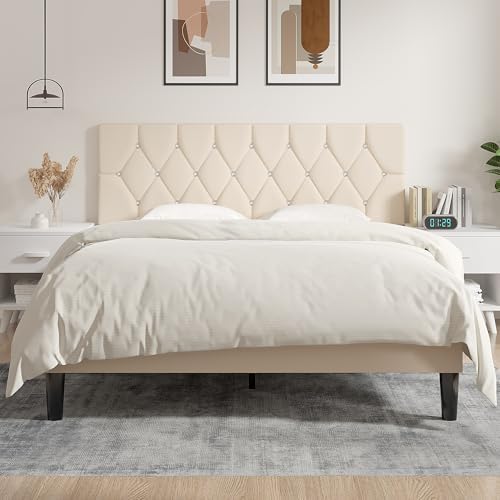VECELO Tufted Upholstered Headboard Queen Size, with 6 Adjustable Height from 39.8" to 49.8", Button Diamond Design, Easy Assembly, Beige