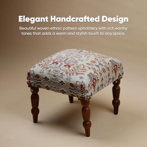 Handmade Jute Ottoman Footstool | Square Upholstered Accent Stool with Wooden Legs | Decorative Foot Rest & Seating for Living Room, Bedroom, Entryway & Hallway (Multicolor)
