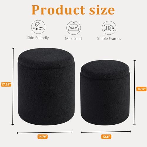 BLEXA Set of 2 Round Storage Ottoman, Black Boucle Ottoman with Storage