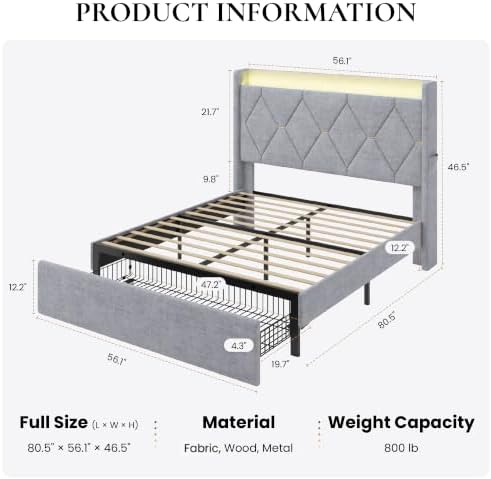 SHA CERLIN Full Size Bed Frame with Storage Drawer & LED Lights, Grey