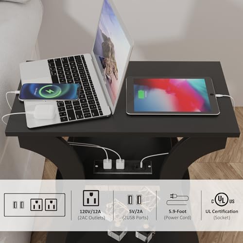 FROMJBEST End Tables Living Room with Charging Station, Black Side Tble