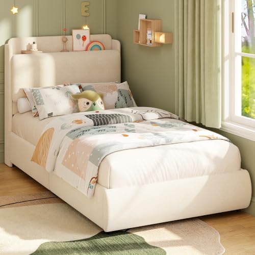 Garvee Twin Size Bed Frame with Recessed Shelf for Kids- Beige