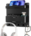Bedside Wall Shelf with Glasses Hooks ，Adhesive Bedside Organizer Wall Mount for Dorm and Room Accessories Phone，Remote，Earphone， Kindle (Black)