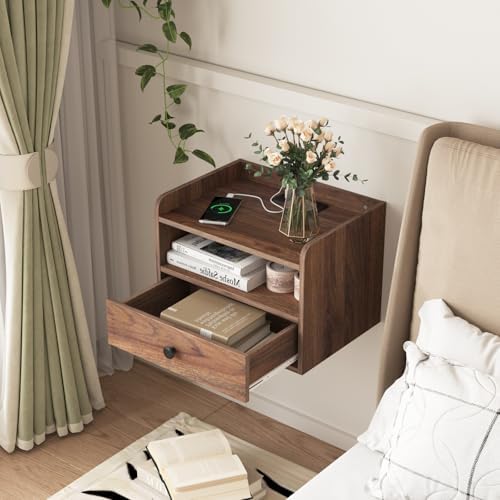 Floating Nightstand Set of 2 Modern Night Stands with Drawer and Open Shelf