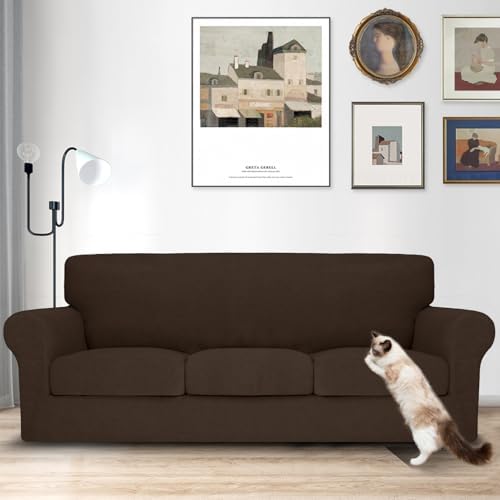MAXIJIN 4 Piece Couch Covers for 3 Cushion Couch Sofa Covers, Stretch Couch Slipcovers for Sofas with 3 Cushions, Thick 3 Seat Furniture Protector for Dogs Pet (71"-91", Coffee)