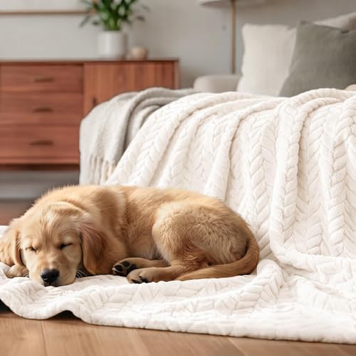 Exclusivo Mezcla Fleece Throw Blanket for Couch Sofa, 50”x70”, Off White