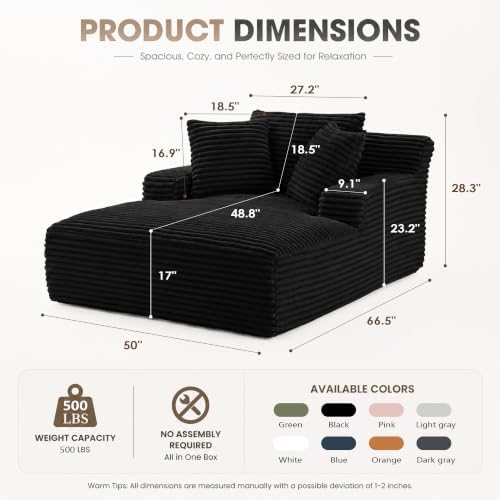 66" Chaise Lounge Chair Indoor, Corduroy Upholstered Reading Chair Oversized Boneless Chair with Deep Seat, Cloud Lounge Chair with 3 Pillows for Living Room, Bedroom, No Assembly Required