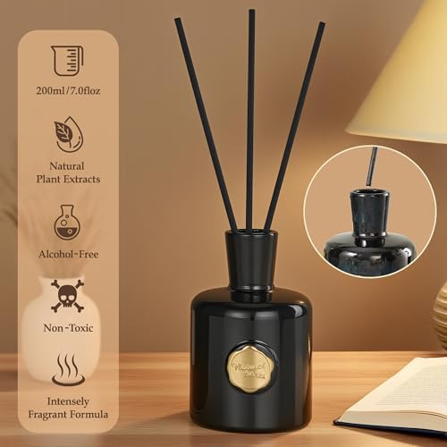 XEPTLE Amber Reed Diffuser for Home, Air Freshener, Woody Scent Diffuser with 5 Reeds for Bedroom Living Room Bathroom Décor, Orange Plum Rose with Honey Amber Vanilla & Sandalwood, 7.04oz, Black