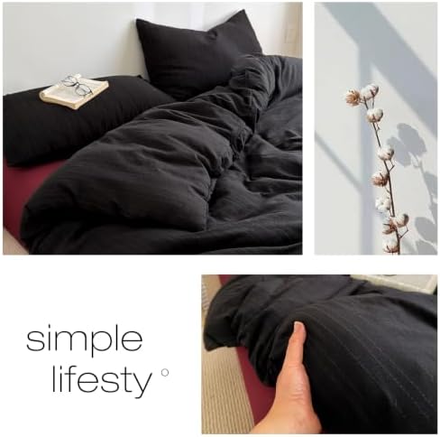 3Pcs Retro Black Stripes Textured Duvet Cover Set King Size, Zipper & Ties