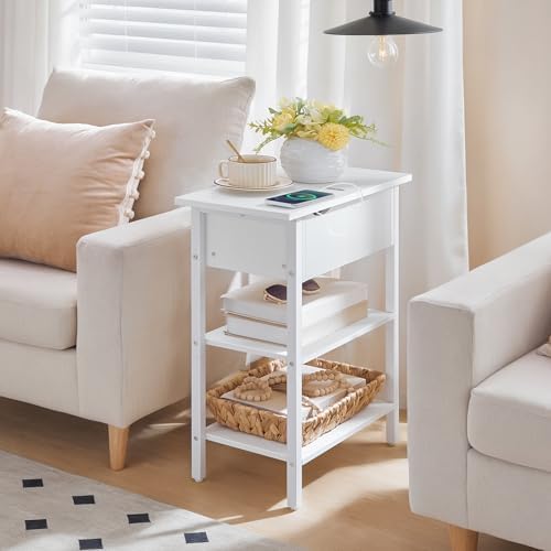 HOOBRO End Table with Charging Station, Narrow Side Table, Flip Top Nightstand with USB Ports and Outlets, Bedside Tables with Shelf for Small Spaces, Living Room, White WT341BZ01