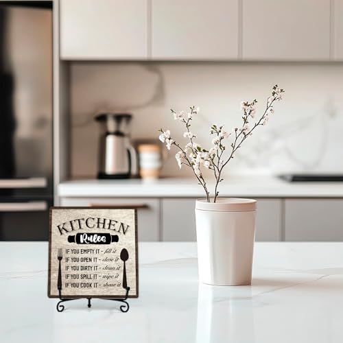 DETIHO Farmhouse Kitchen Decor, Rustic Kitchen Rules Sign Counter Decor