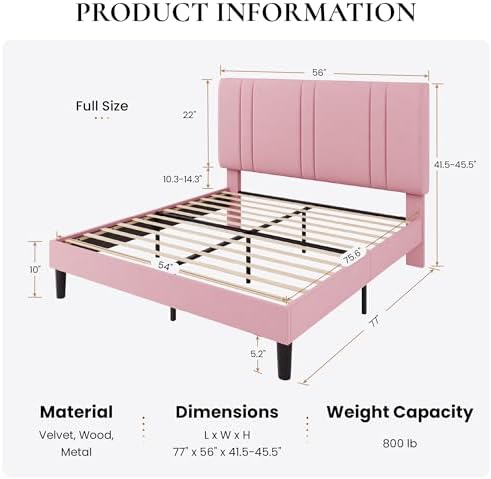 SHA CERLIN Full Size Velvet Bed Frame with Adjustable Headboard, Pink