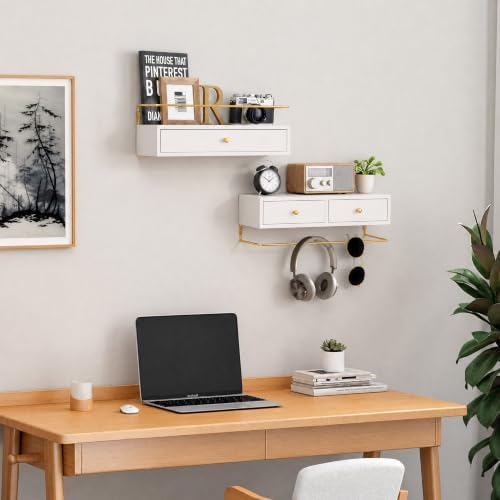 Floating Shelves With Drawers Set of 2, Wall Mounted Storage for Bathroom