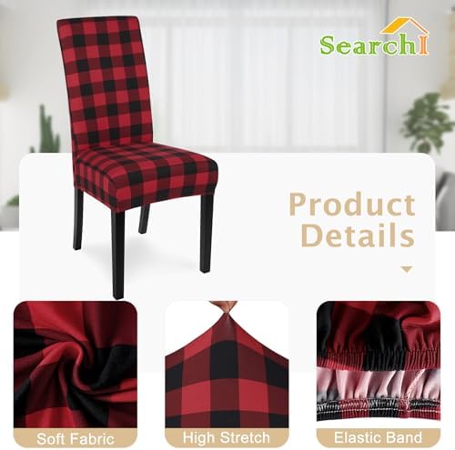 SearchI Christmas Chair Covers Set of 6, Stretch Xmas Kitchen Chair Cover Removable Washable Holiday Parsons Chair Slipcovers for Dining Room, Christmas Decoration, Ceremony (Black/Red Plaid)