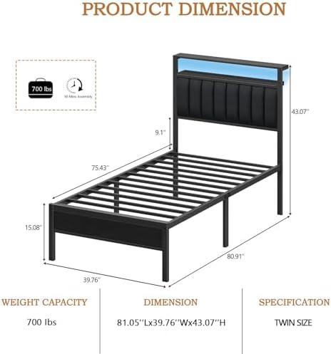 Furnulem Twin Size Bed Frame with Charging Station and LED Lights