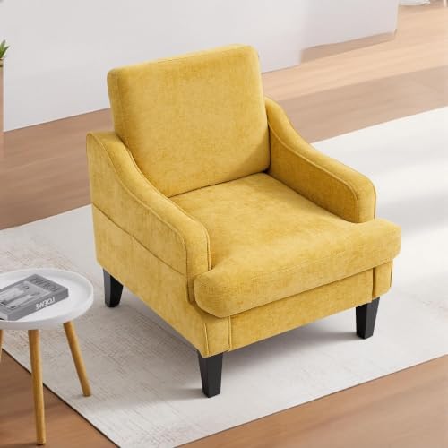 Set of 2 Accent Chair for Living Room,Mid-Century Arm Chair Chenille Fabric Living Room Chairs,Upholstered Reading Chair for Bedroom,Single Sofa Chair with Wood Legs for Apartment (Yellow)