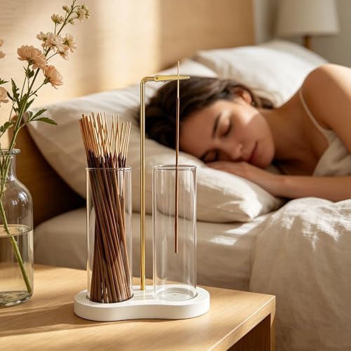 Glass Incense Holder,White Nordic Minimalist Incense Sticks Burner Holder with Storage,Luxe Hang Upside Down Incense Holder for Sticks with Ash Catcher for Meditation Yoga Room (White)