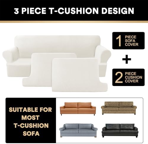 PrinceDeco T Cushion Sofa Slipcover 3 Pieces Sofa Covers for T Cushion Couch Soft Couch Covers Sofa Slip Cover Furniture Covers with 2 Individual T Shape Seat Covers Width Up to 88", Porcelain