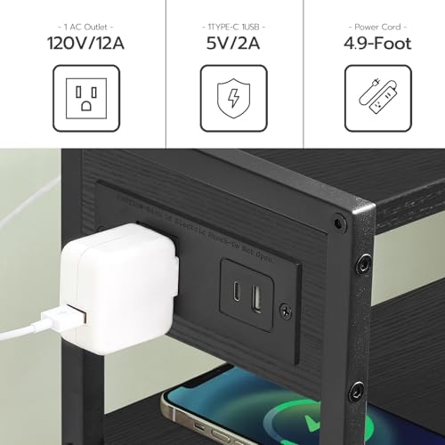 HOOBRO Small Narrow Side Table with Charging Station Set of 2, Skinny End Table for Small Spaces, Slim Nightstand with USB Ports Outlet, Sofa Beside Table with Storage Shelf BB102UBZP201