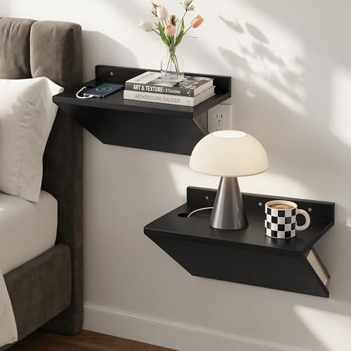 Floating Nightstand Set of 2 Black Wood Bedside Table Wall Mounted