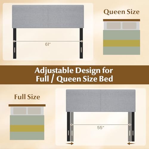 GIANTEX Linen Upholstered Headboard, Queen/Full Size Vertical Quilted Fabric Head Board with Wood Support Legs, Attach Frame, Width Adjustable Modern Bed Headboard Only (Gray)