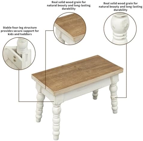 Rectangular Solid Wood Step Stool, Farmhouse Wooden Stool, Easy Assembly Narrow Step Stool for Kids, Indoor Plant Stand for Bathroom Kitchen, French Country Shabby Chic Decor