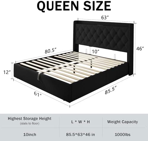 GalnFu Queen Size Bed Frame with Storage, Upholstered Queen Lift up Storage Bed Frame with Charging Station, Button Tufted Headboard, No Box Spring Needed, Easy Assembly, Noise Free, Black